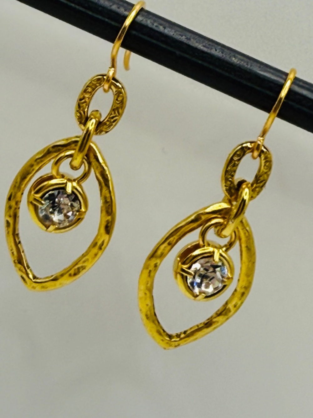 Gold Drop Earrings with Clear Crystal Accent - Picture 4 of 4